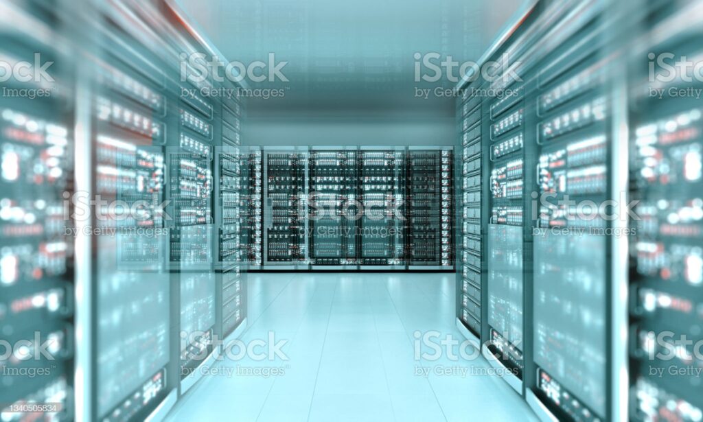 Modern data center with futuristic computer servers aligned in a corridor glowing with blue neon light. Digitally generated image.